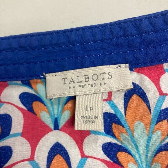 TALBOTS Multicolored Peacock Print Tunic Top Blouse Size Large Petite V-Neck - Picture 6 of 11